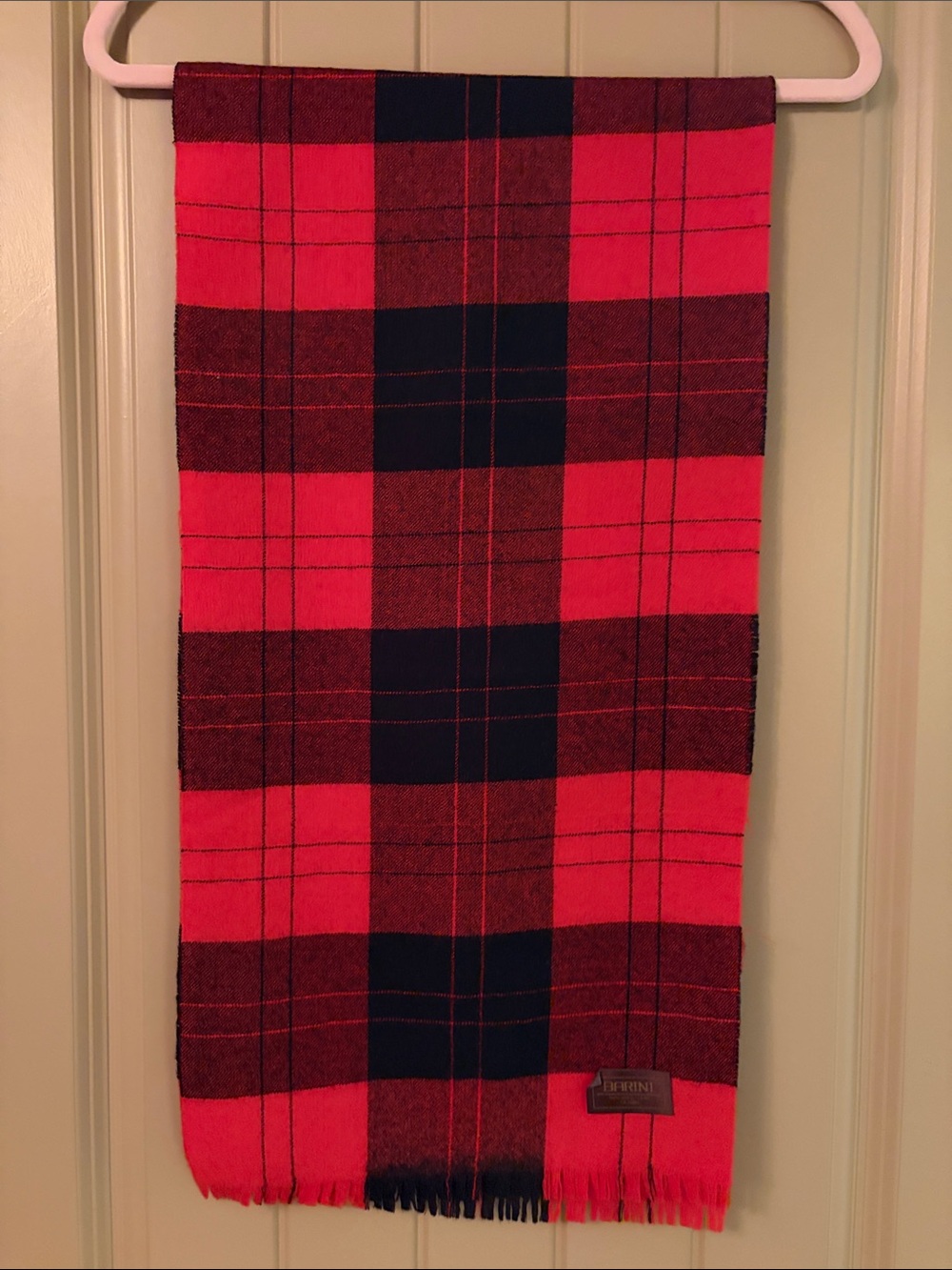 Vintage Barini Red Black Plaid 100% Wool Scarf Fringed Made For Canada